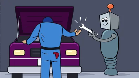 A helpful robot hands a wrench to an auto mechanic.