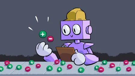 A cheerful-looking robot wearing a hard hat and holding a clipboard stands before a conveyor belt full of icons representing code changes, like a line inspector in a factory.