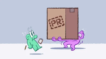 Cartoon illustration showing one person struggling under the weight of an enormous cardboard box labeled “PR”, while the person they're trying to hand it to recoils in alarm.