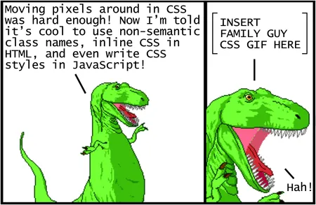Cartoon talking dinosaur saying: Moving pixels around in CSS was hard enough! Now I'm told it's cool to use non-semantic class names, inline CSS in HTML, and even write CSS styles in JavaScript! INSERT FAMILY GUY CSS GIF HERE