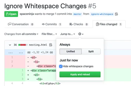 Screenshot of the GitHub UI, showing the “hide whitespace changes” option.