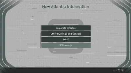 Screenshot of the same in-game kiosk labelled “New Atlantis Information.” A set of four buttons is still centered in the screen, but it has been scrolled down to reveal the final two buttons in the list that were not visible at first. There is easily enough space on screen to show all six buttons at once.