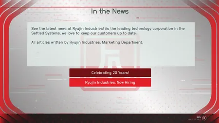 Screenshot of an in-game kiosk showing news about Ryujin Industries. Below a block of marketing text, there are two buttons: “Celebrating 20 Years” and “Now Hiring.” One of the buttons is dark red, and one is bright red. There is no way to tell which is focused.