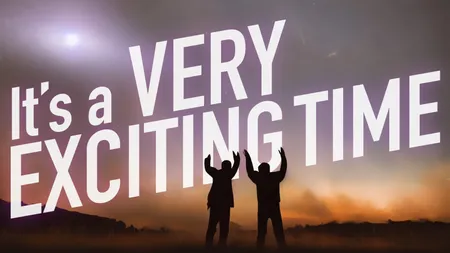 Cover image for the “It’s a Very Exciting Time” podcast showing two figures gesturing excitedly at a light in the sky.
